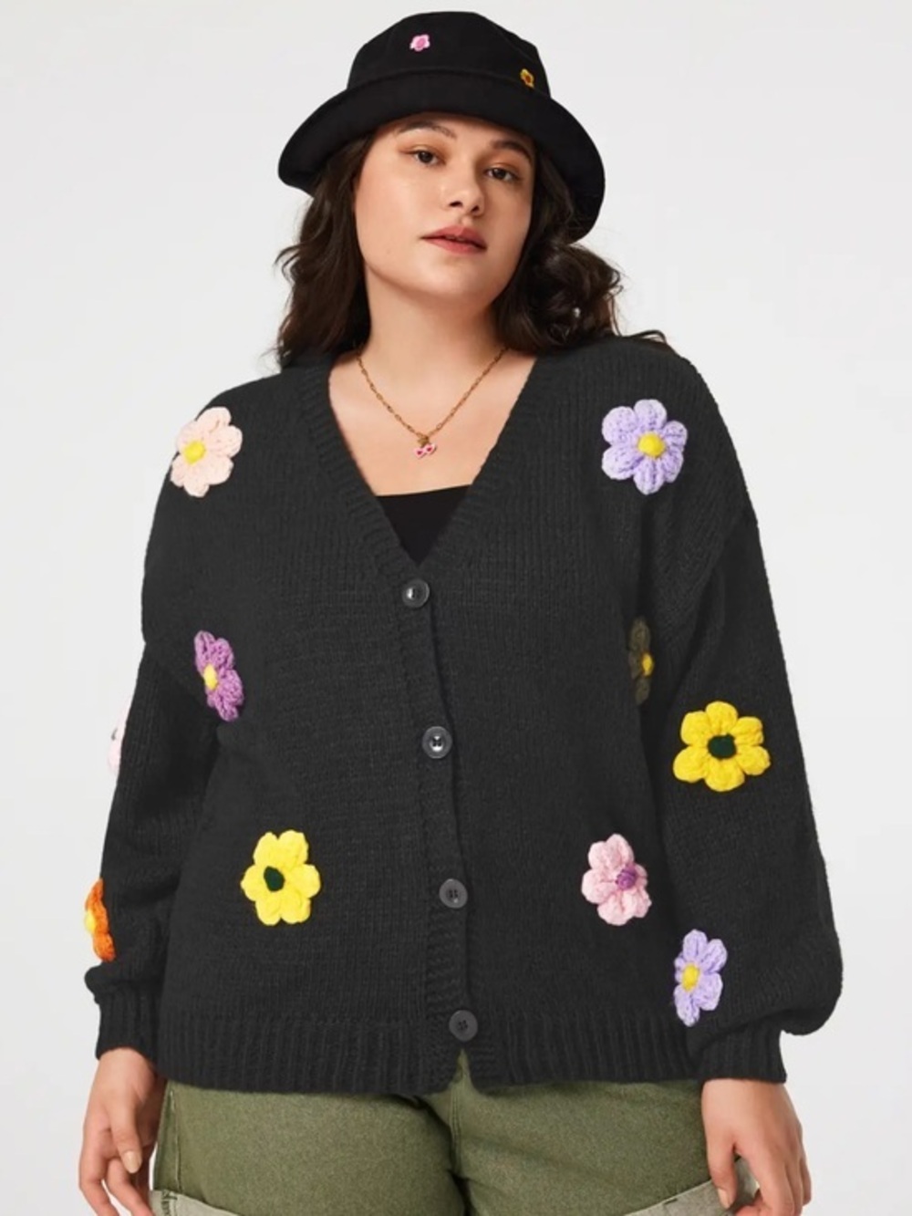 NWT Cider Black Floral Patch Button-Front Cardigan